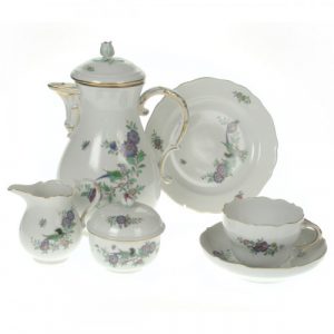 Meissen Neuer Ausschnitt – Indische Fels- Blumen- und Vogelmalerei 125 bunt mit Goldrand Kaffeeservice 6 Personen 21-tlg.