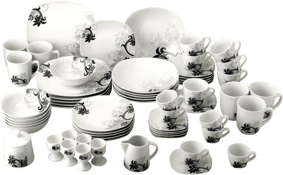 ♋ van Well Porzellan Porzellan, kaufen auf Geschirr Spülmaschinengeeignet »Black (62-tlg), Flower« Kombiservice