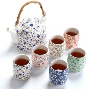 fanquare Blume Porzellan Tee Set mit Teekanne, Vintage Chinesisch Keramik Teeservice mit Rattan Griff