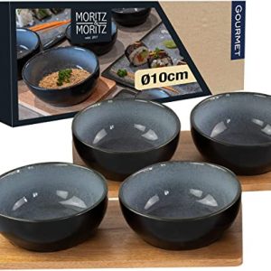 Moritz & Moritz 6tlg Dip Schalen Set mit Brett – 10cm Ø – 4 Dipschalen Grau-Blau aus Porzellan – Für Snacks, Dessert, Dips und Saucen