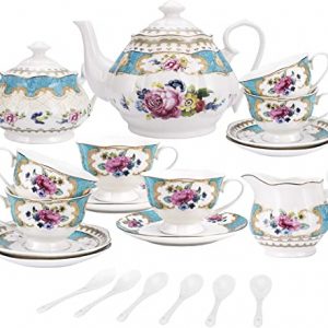 fanquare 15 Stück Englisch Türkis Porzellan Tee Sets,Vintage Rose Blumen Keramik Kaffee Set,Hochzeit Tee Service für Erwachsene