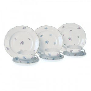 Meissen Neuer Ausschnitt – gestreute Röschen und Vergißmeinnicht bunt mit Goldrand Kaffee-Gedeck 3 Personen 9-tlg.