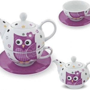 Porzellan Tee Set Tea for one Teeservice Teekanne Tasse Untersetzer Eule pink weiß