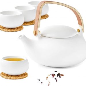 ZENS Teekanne Porzellan Set, Teeservice Chinesisch Keramik mit Sieb für Losen Tee, 800ml Matt Weiß Japanische kanne & 4 Tasse 130ml mit Modern…