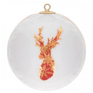 Meissen Christbaumkugel Kugel mit Reliefsterne und Hirsch Rot Gold
