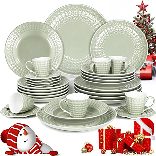 ♋ Geschirrset Porzellan für 6/12 Personen, SINTUNS 30-Teiliges Grau Grün  Tafelservice als Geschenk erhältlich, Teller Set, Kaffeeservice mit Porzellan  Geschirr kaufen auf