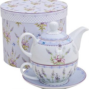 Tee-Set mit Lavendel Motiv für eine Person | Teekanne, Teetasse & Untertasse | Porzellan Teeservice in Geschenkbox | Design Henkel-Tasse,…