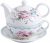 MALACASA, Serie Sweet.Time, Porzellan Teeservice Teeset 4 teilig Set Teekanne mit Tasse und Untersetzer Blumen-Motiv Teekannen & Kaffekannen
