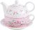MALACASA, Serie Sweet.Time, Porzellan Teeservice Teeset 4 teilig Set Teekanne mit Tasse und Untersetzer Blumen Motiv Teekannen & Kaffekannen